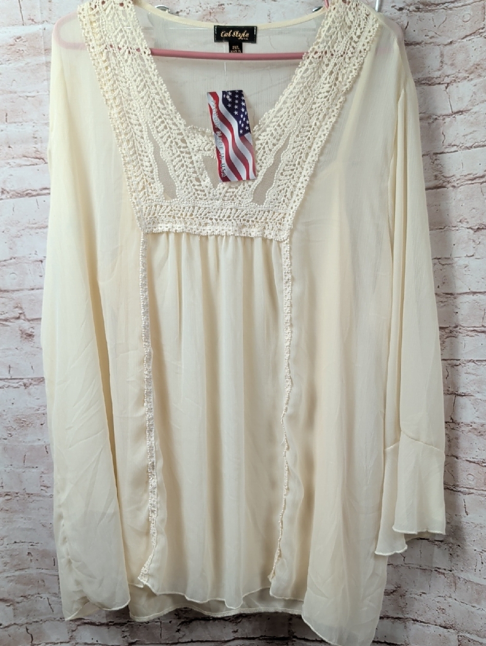 Cal Style Crochet Trim Flare Sleeve Sheer Top 2xl Nwt USA